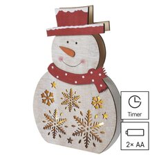 LED vianočný snehuliak drevený, 30 cm, 2x AAA, vnútorný, teplá biela, časovač