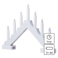 LED svietnik drevený biely, 29 cm, 2x AA, vnútorný, teplá biela, časovač
