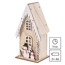 LED dekor. drevená – dom so snehuliakmi, 28,5 cm, 2x AA, vnútorná, teplá biela, časovač